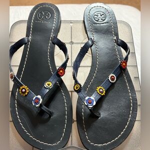 Tory Burch Navy blue Sandals with Colorful Floral Embellishments and logo